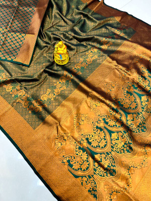 Bottle green color kanchipuram silk saree with zari weaving work