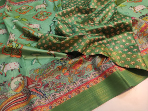 Pista green color tussar silk saree with digital kalamkari printed work