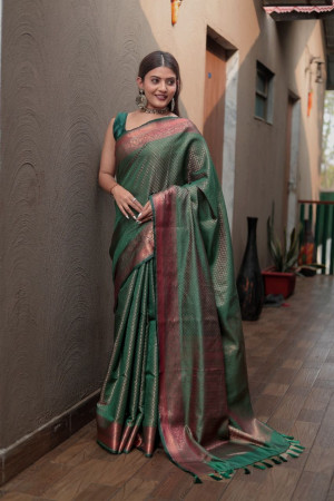 Green color soft fancy silk saree with zari woven work