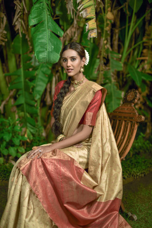 Beige color bhagalpuri silk saree with zari weaving work