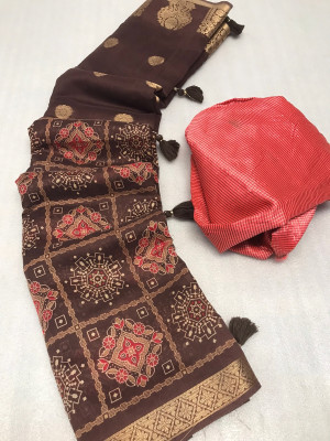 Brown color cotton saree with printed work