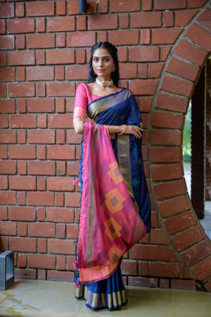 Navy blue color soft raw silk saree with woven design