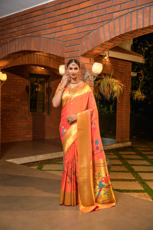 Peach color paithani silk saree with zari weaving work