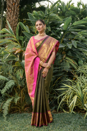 Black color kanchipuram silk saree with zari weaving work