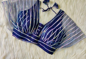 Navy blue color net blouse with radium stripes work