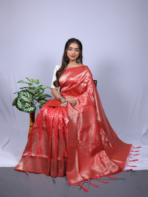 Red color soft banarasi silk saree with zari weaving work