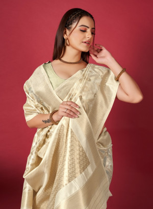 Off white color linen silk saree with zari weaving work