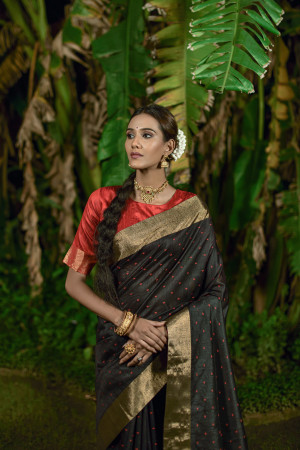 Black color bhagalpuri silk saree with zari weaving work