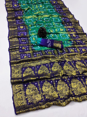 Rama green and violet color hand bandhej silk saree with zari weaving work
