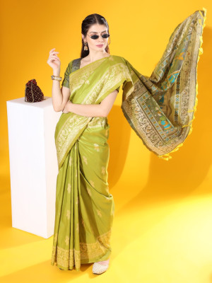 Apple green color soft raw silk saree with woven design