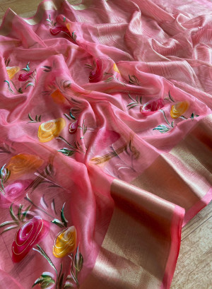 Gajari color organza silk saree with printed work