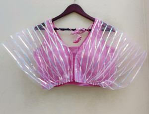 Pink color net blouse with radium stripes work