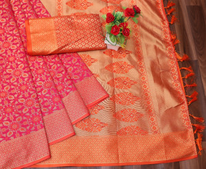 Pink color patola silk saree with zari weaving wor