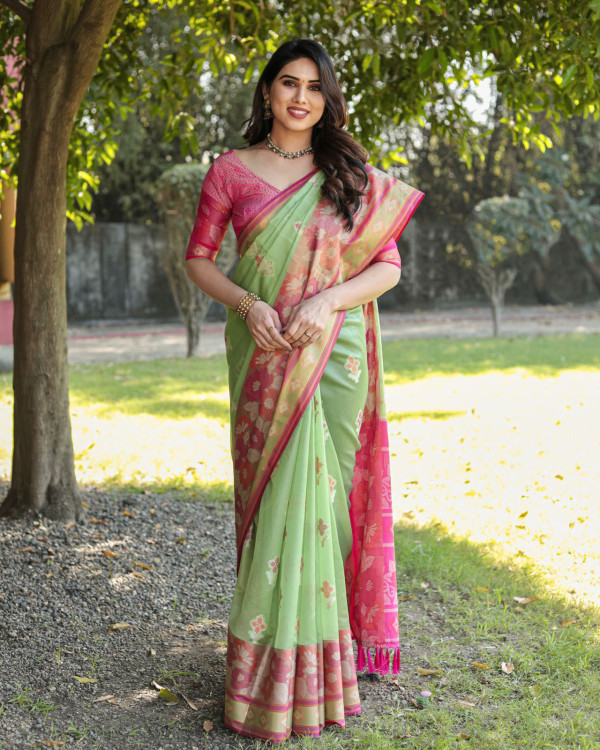 Pista Zari,embroidered Silk Saree - SR19482