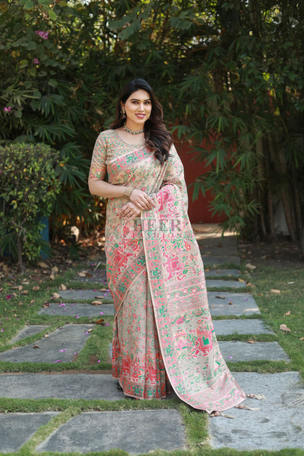 Beige Woven Design Banarasi Silk Blend Saree With Unstitched Blouse Piece