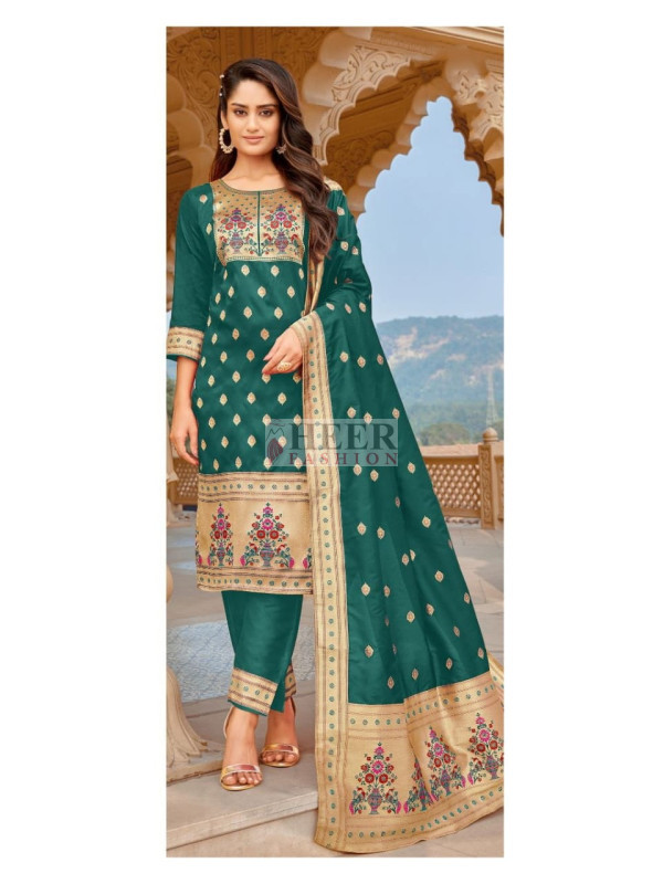 Grey - Bangalore Silk Paithani 3pc Unstitched Dress Material 08 main image 1