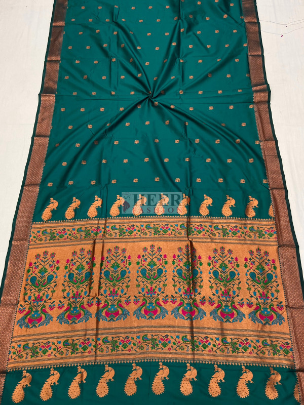 Rama Green Paithani Silk Saree with Zari Meenakari Peacock Motifs