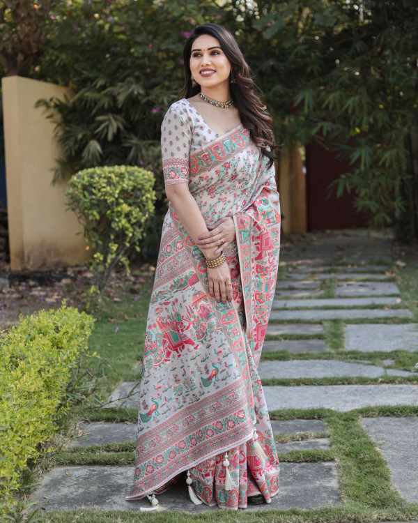 White color banarasi silk saree with woven design