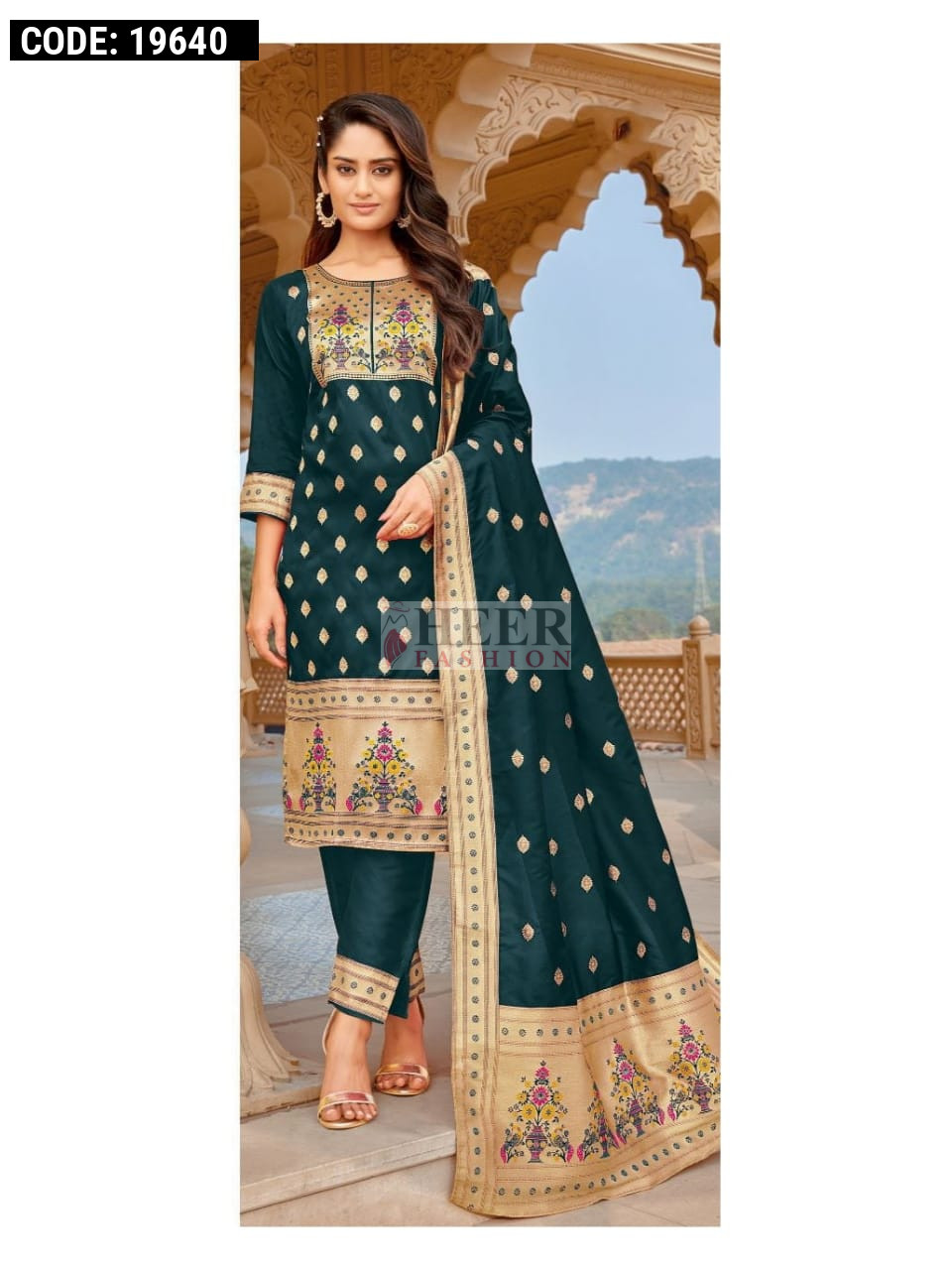 green paithani dress white christmas dresses Green Woven Banarasi Silk Paithani Dress Material