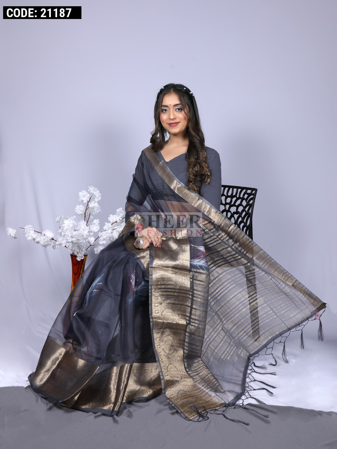 Gray color soft organza silk saree with foil printed work