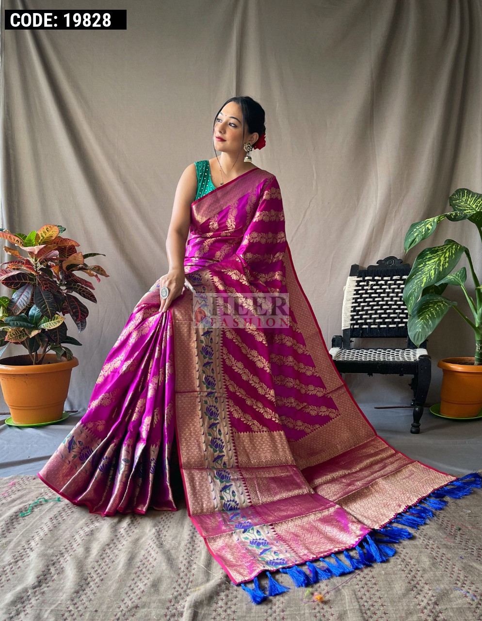 Magenta Pink Banarsi Position Woven Silk Saree