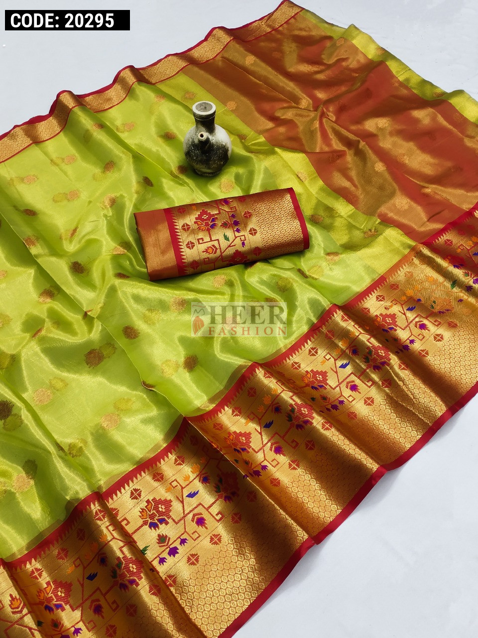 Niya Parrot Green Poly Cotton Zari Weaving Half Saree Lehenga main image 1