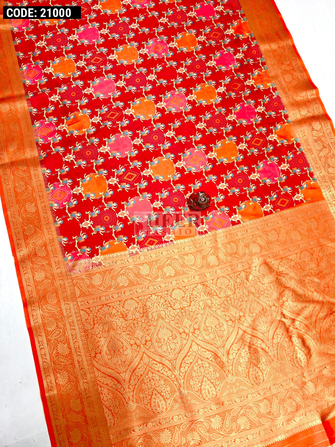 Red color soft lichi silk saree with digital printed work