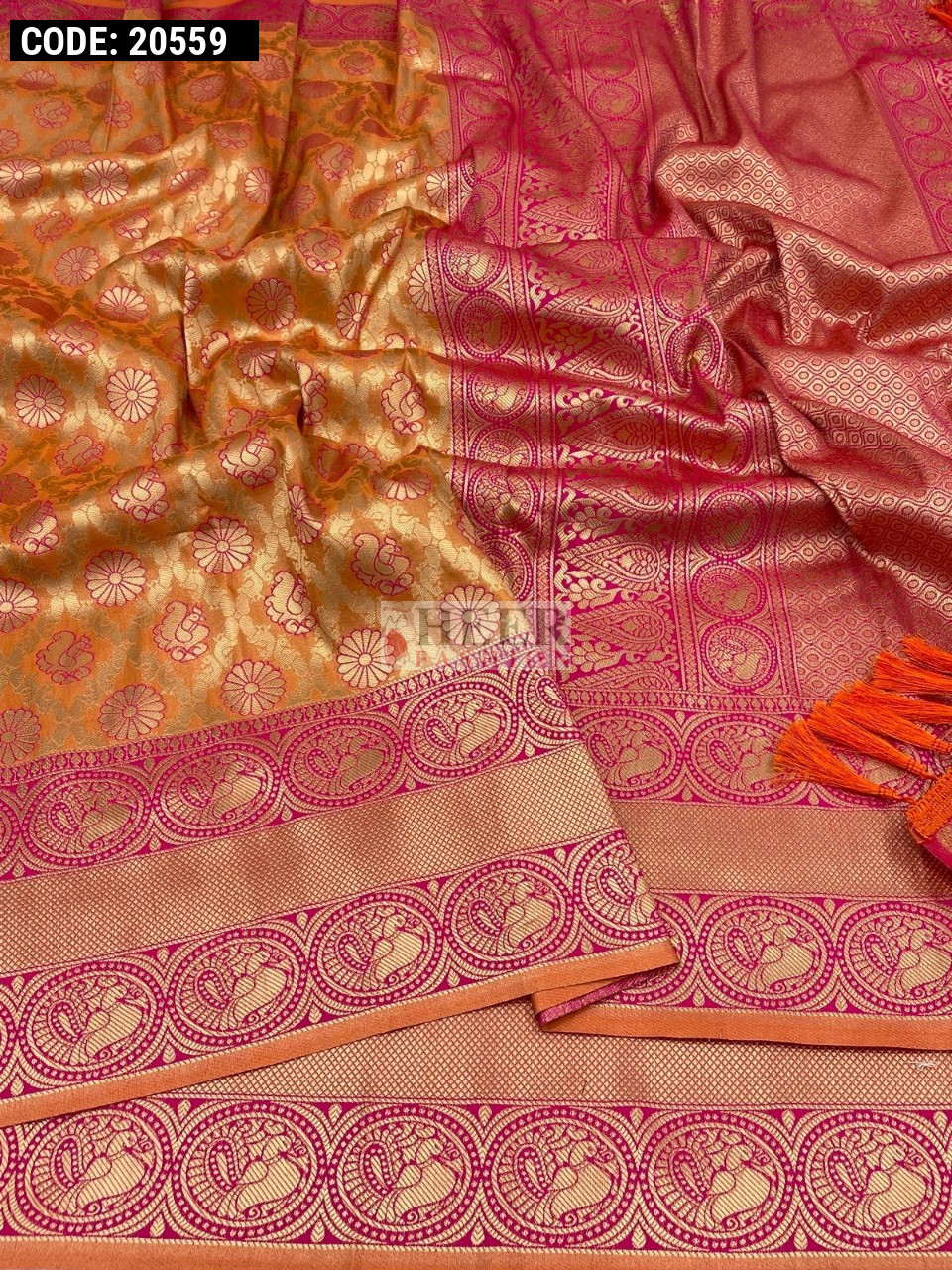 Peach Silk Blend Saree With Meenakari Kashmiri woven Work main image 1