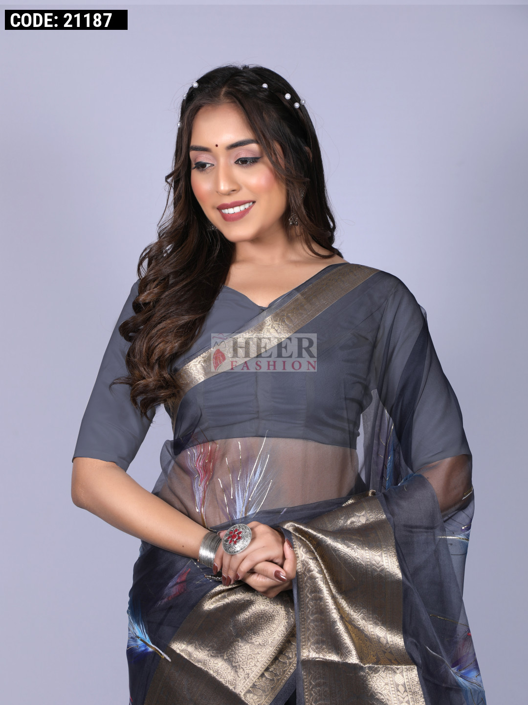 Gray color soft organza silk saree with foil printed work