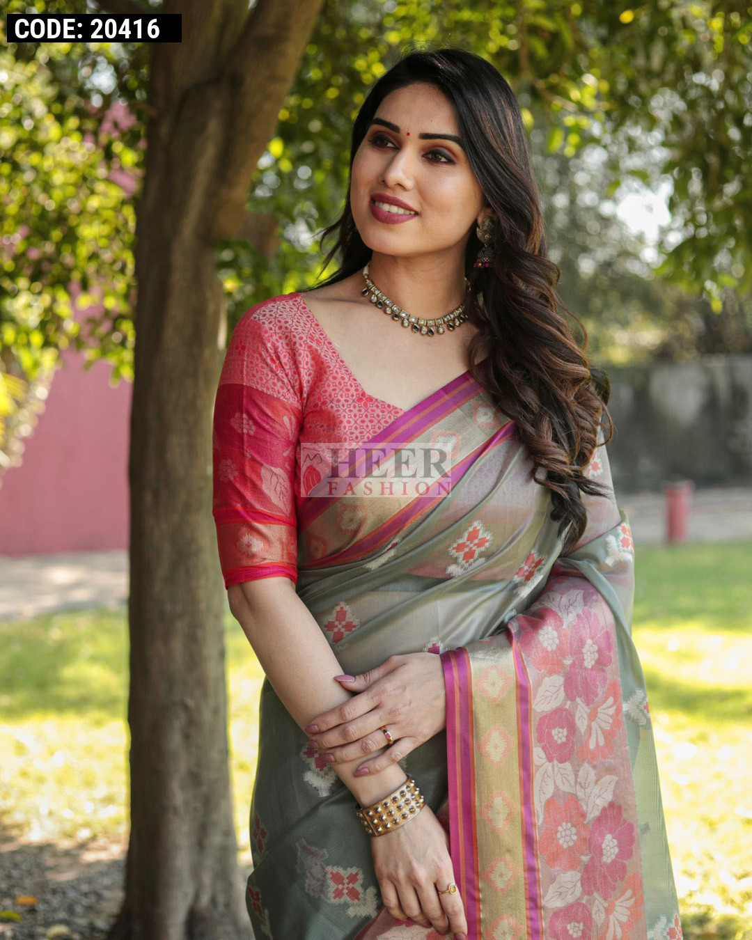 Gray color soft organza silk saree with woven design