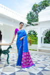 Royal blue color soft tussar silk saree with zari weaving border