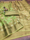 Pista green color soft cotton saree with zari weaving work