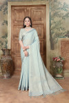 Light sky color linen cotton saree with zari weaving worK
