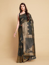 Black color soft linen silk saree with zari weaving work