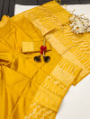 Mustared yellow color soft handloom raw silk saree with weaving work