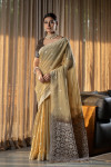 Beige color mulmul cotton saree with weaving work