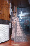 Light baby pink color linen cotton saree with woven design