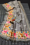 Gray color soft tussar silk saree with printed work