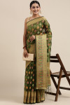Mahendi green color soft organza silk saree with woven design