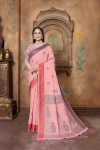 Pink color linen cotton saree with woven design
