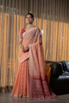Peach color mulmul cotton saree with weaving work