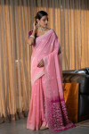 Baby pink color mulmul cotton saree with weaving work