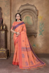 Orange color linen cotton saree with woven design