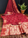 Red color soft banarasi saree with zari weaving work