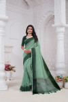 Sea green color linen cotton saree with woven design
