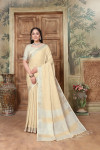 Light yellow color linen cotton saree with zari weaving worK