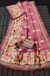 Peach color soft tussar silk saree with printed work