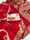 Red color dola silk saree with sibori printed work
