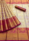 Pink color kanjivaram silk saree with zari weaving work