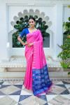 Pink color soft tussar silk saree with zari weaving border